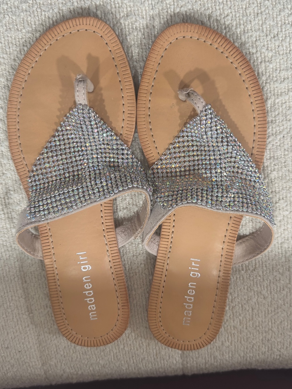 Madden Girl Tan Slide Sandals with Sparkling Crystal Straps
